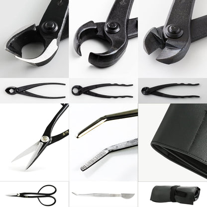 Wazakura Made in Japan 5PCS Bonsai Tool Kit with Roll Bag: Yasugi Steel Satsuki Bonsai Scissors
