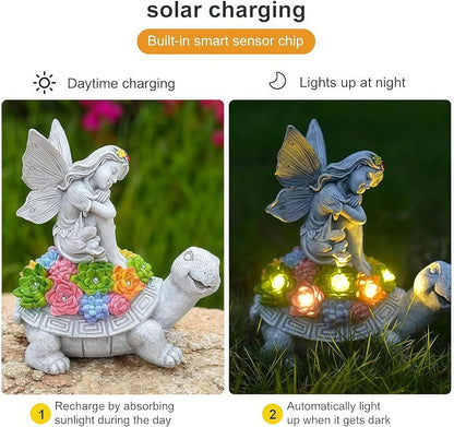 Solar Angel Garden Statue，Solar Garden Statue Angel and Turtle,Figurines Outdoor Decor,Outdoor