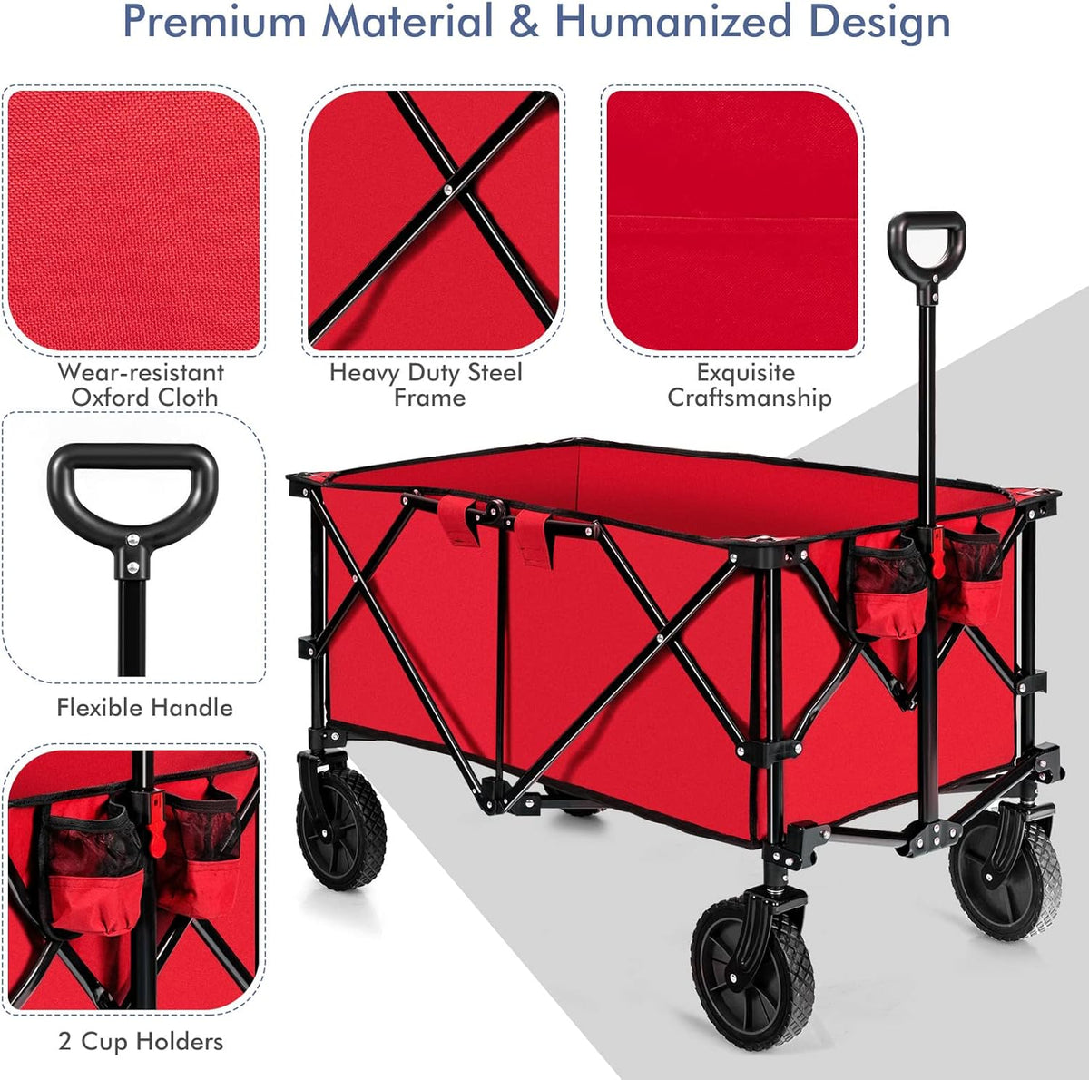 Goplus Collapsible Wagon, Folding Utility Wagon Cart w/Universal Wheels & Adjustable Handle & Cover