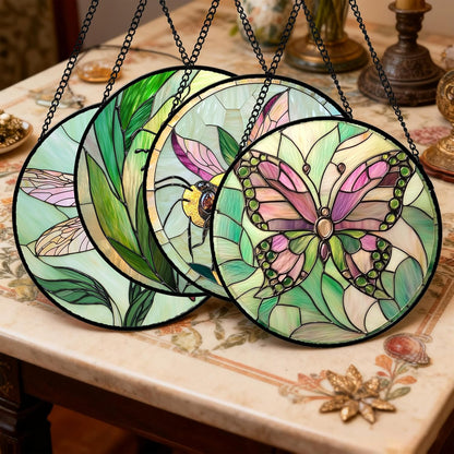 Stained Glass Window Hanging 4 Pcs Set Pink Green Insect Theme 9.8" - Butterfly Suncatcher Door