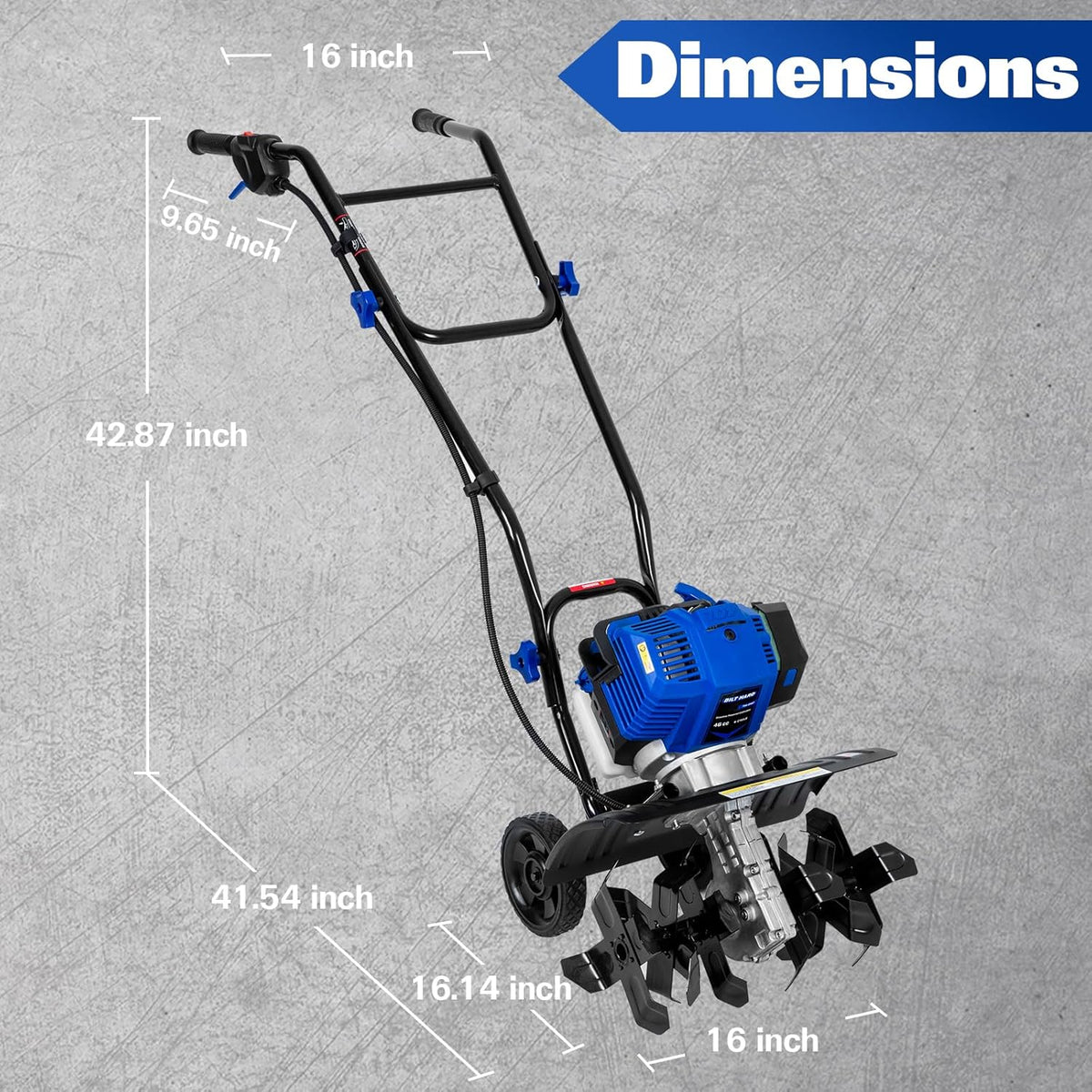 BILT HARD 46cc 4-Cycle 1.9HP Gas Powered Tiller Cultivator - 16" Heavy-Duty Steel Tines Rototiller