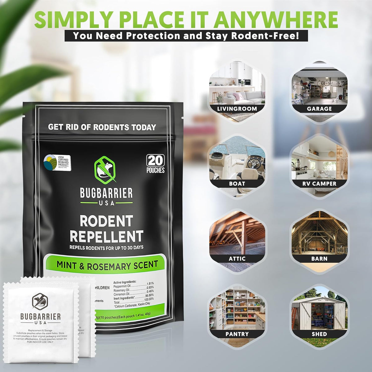 BugBarrier's Extra-Strength Mouse Repellent Deterrent Pouches, USDA 99% Biobased, Peppermint &
