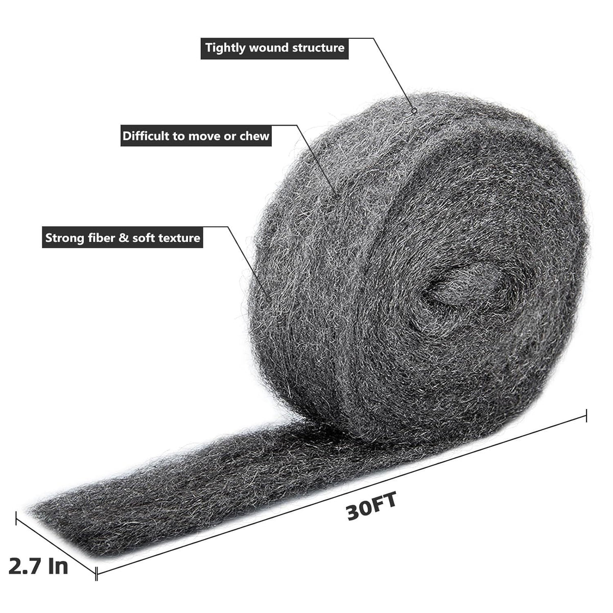 30Ft(10oz) Steel Wool Roll, Coarse Wire Fabric for Pest Control, Hardware Gap Blocker & Animal