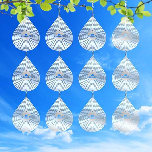 3D Water Drop Pendant Stainless Steel Wind Spinners, Bird Scare Discs with Metal Shiny Highly