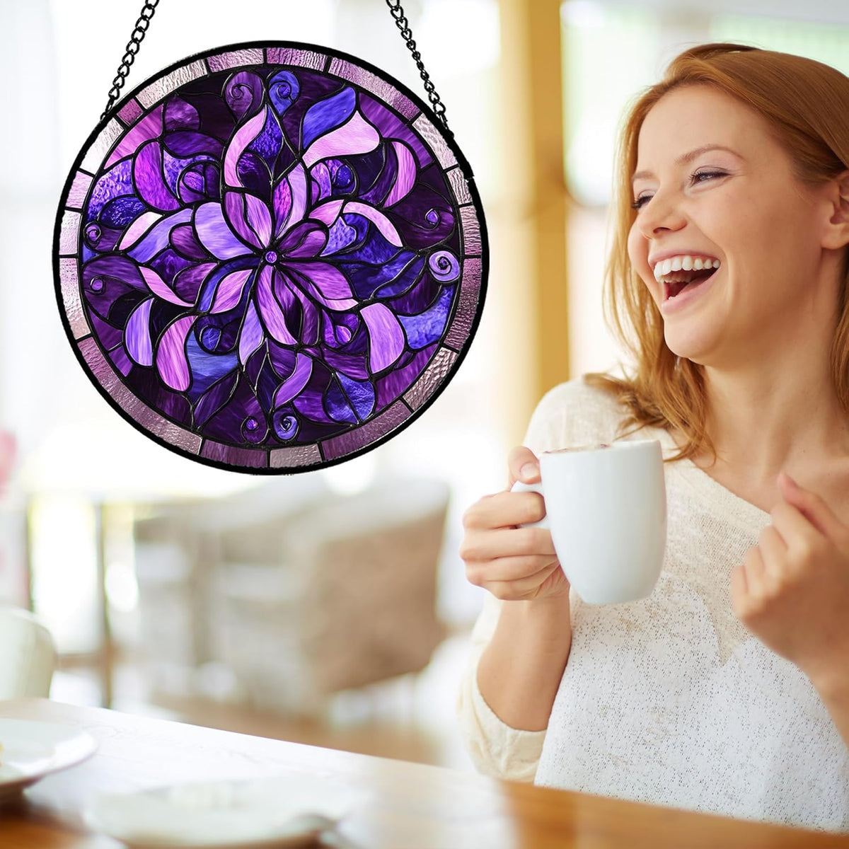 Stained Glass Window Hanging - Purple Abstract Flower Suncatcher for Door Garden Patio Sun Catchers