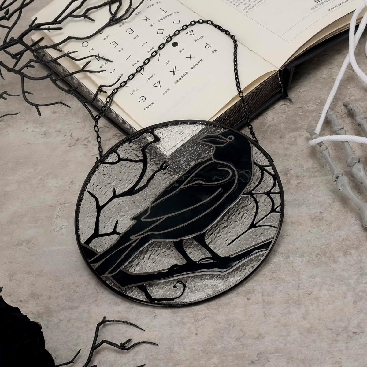 Raven Stained Glass Suncatcher Window Hanging Decoration, Halloween Gothic Black Crow Glass