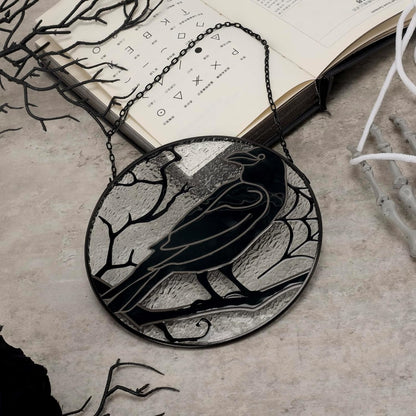 Raven Stained Glass Suncatcher Window Hanging Decoration, Halloween Gothic Black Crow Glass