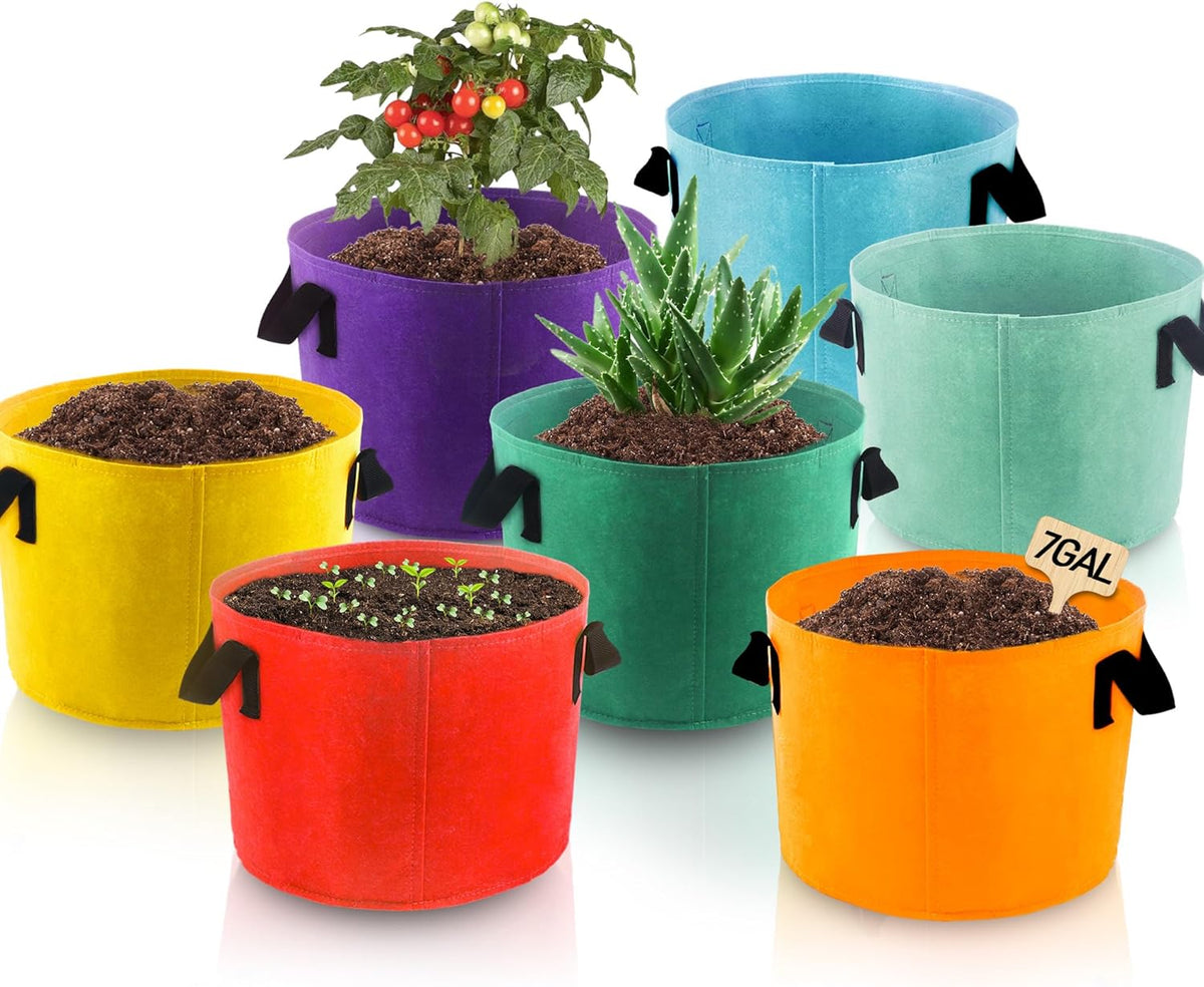 7-Gallon Fabric Grow Bags (7 Pack of Mix Colors) with Handles for Potato Tomato Flower and