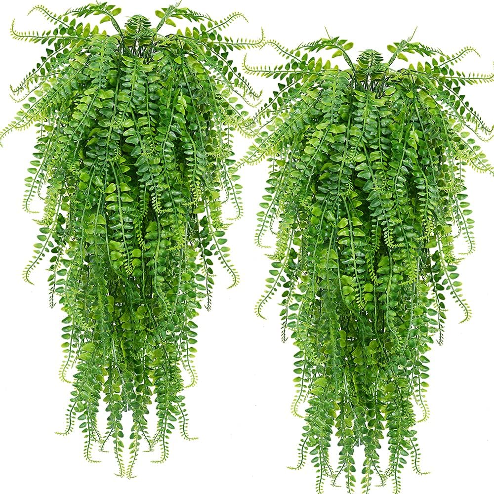 CLONG 2 pcs Artificial Hanging Ferns Plants Vine Fake Ivy Boston Fern Hanging Plant Outdoor UV