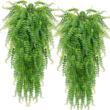 CLONG 2 pcs Artificial Hanging Ferns Plants Vine Fake Ivy Boston Fern Hanging Plant Outdoor UV
