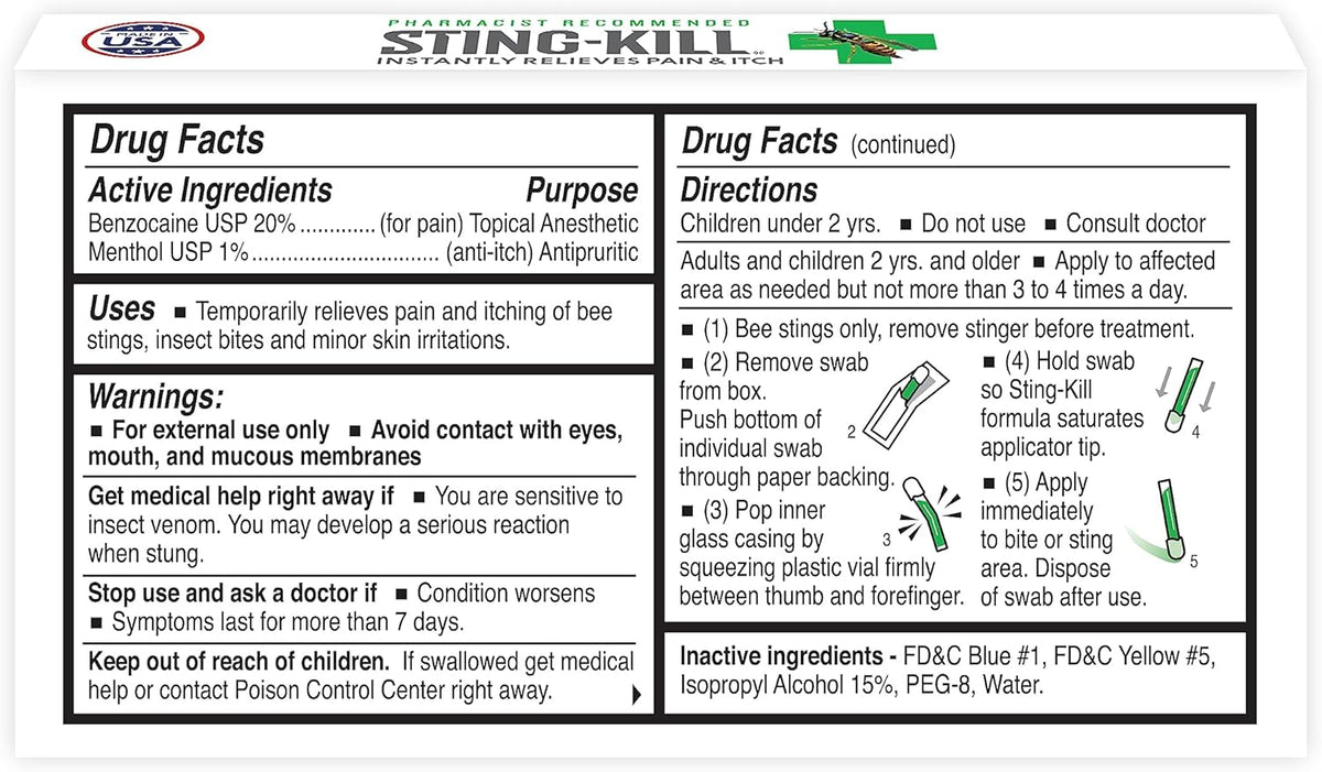 Sting-kill First Aid Anesthetic Swabs, Instant Pain + Itch Relief from Bee Stings and Bug Bites