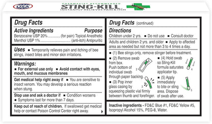 Sting-kill First Aid Anesthetic Swabs, Instant Pain + Itch Relief from Bee Stings and Bug Bites