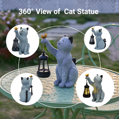Solar Cat Garden Statue Outdoor Decor, Cat Sculpture with Lantern and Butterfly for Yard Lawn Patio