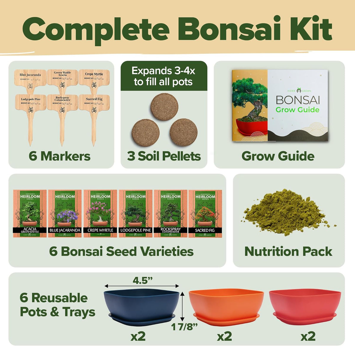 HOME GROWN 𝗨𝗦𝗔 Bonsai Tree Kit – 6 Heirloom Varieties with Unique Pots – DIY Bonsai Starter Kit