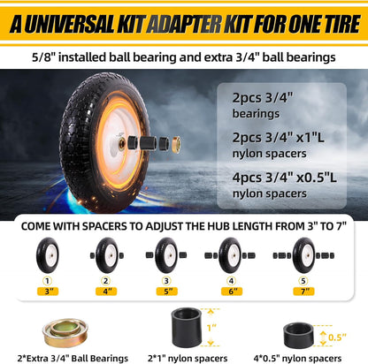 MZREXN 14.5" Wheelbarrow Tire Flat-Free 3.00/3.25/3.50/4.00-8" Solid Tire and Wheel with 3"-7"