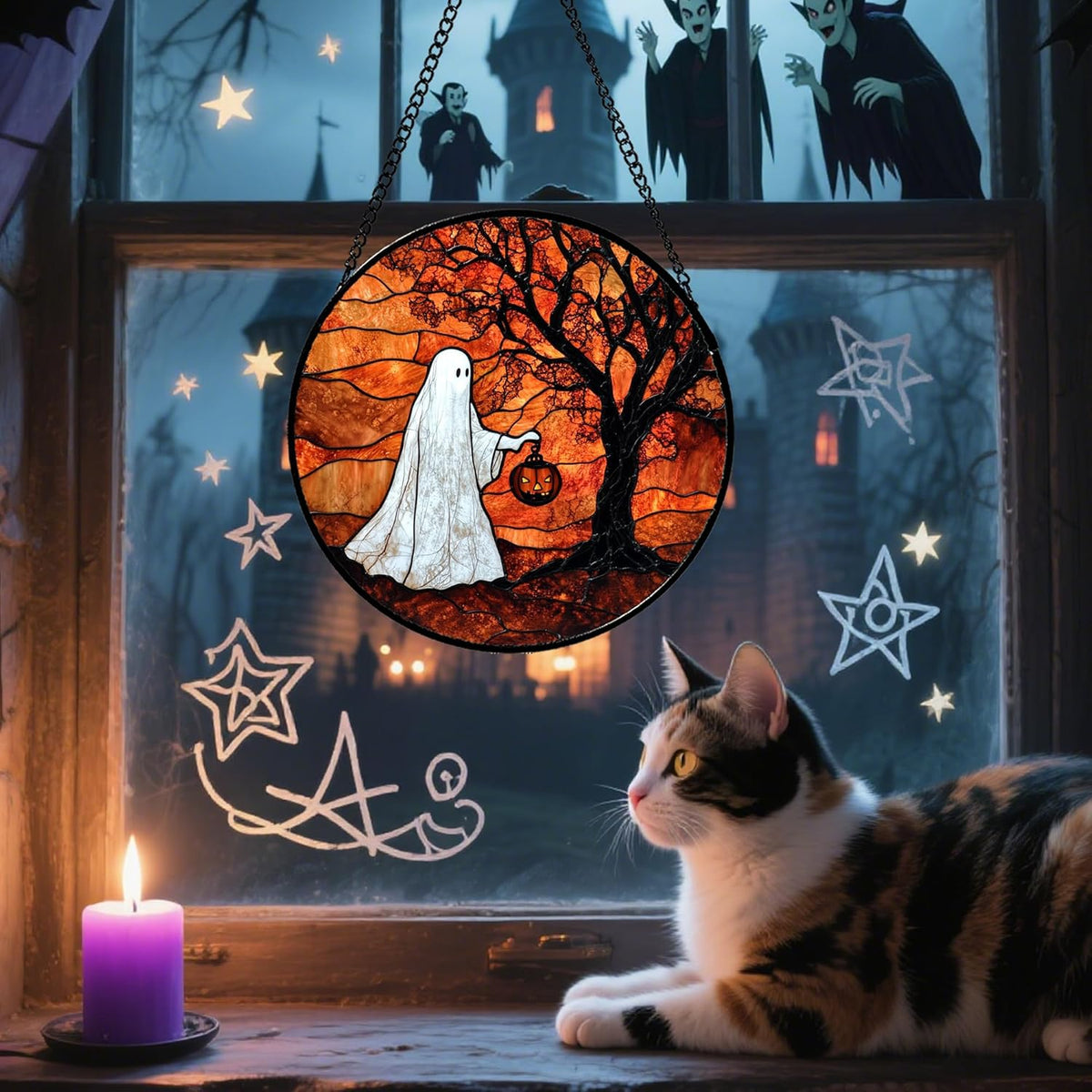 Stained Glass Window Hanging - Halloween Ghost Holding A Pumpkin Lantern Suncatcher for Door Garden