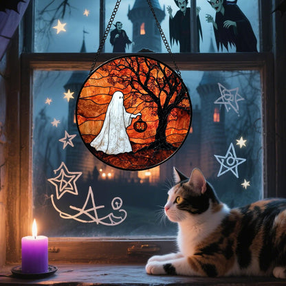 Stained Glass Window Hanging - Halloween Ghost Holding A Pumpkin Lantern Suncatcher for Door Garden