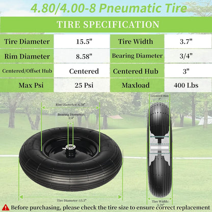 RRQ (2 Pack) 4.80/4.00-8 Tire and Wheel, 16" Pneumatic Wheelbarrow Tires with 3" Centered Hub and