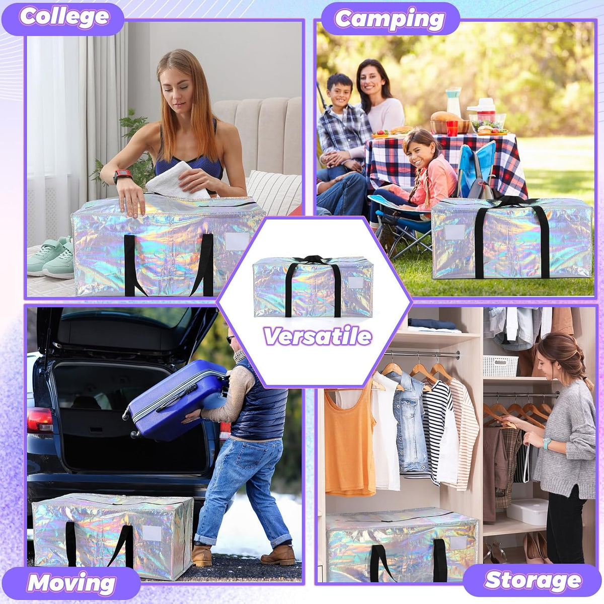 4 Pcs 24 Gallon Large Moving Bags with Zipper and Handles Foldable Storage Duffle Bags Heavy Duty