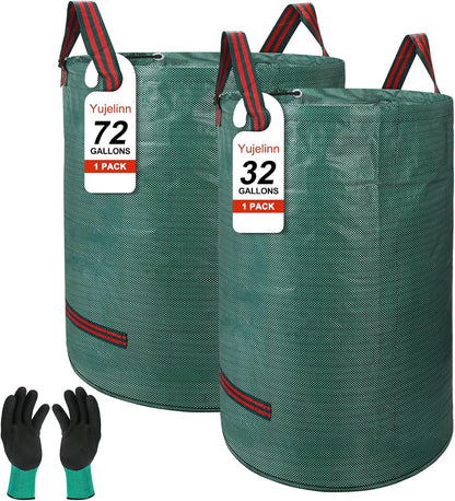 Reusable Yard Waste & Lawn and Leaf Bags with Gloves Pack - 72 & 32 Gallon Heavy Duty Lawn Trash