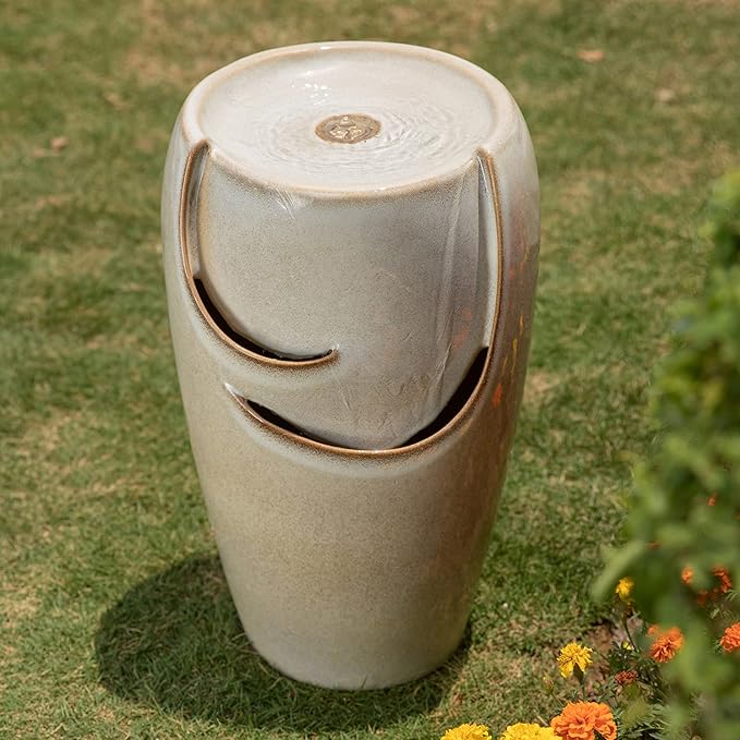 Glitzhome 21.25" H Ceramic Vase Outdoor Water Fountain Tall Patio Garden Water Fountain with LED