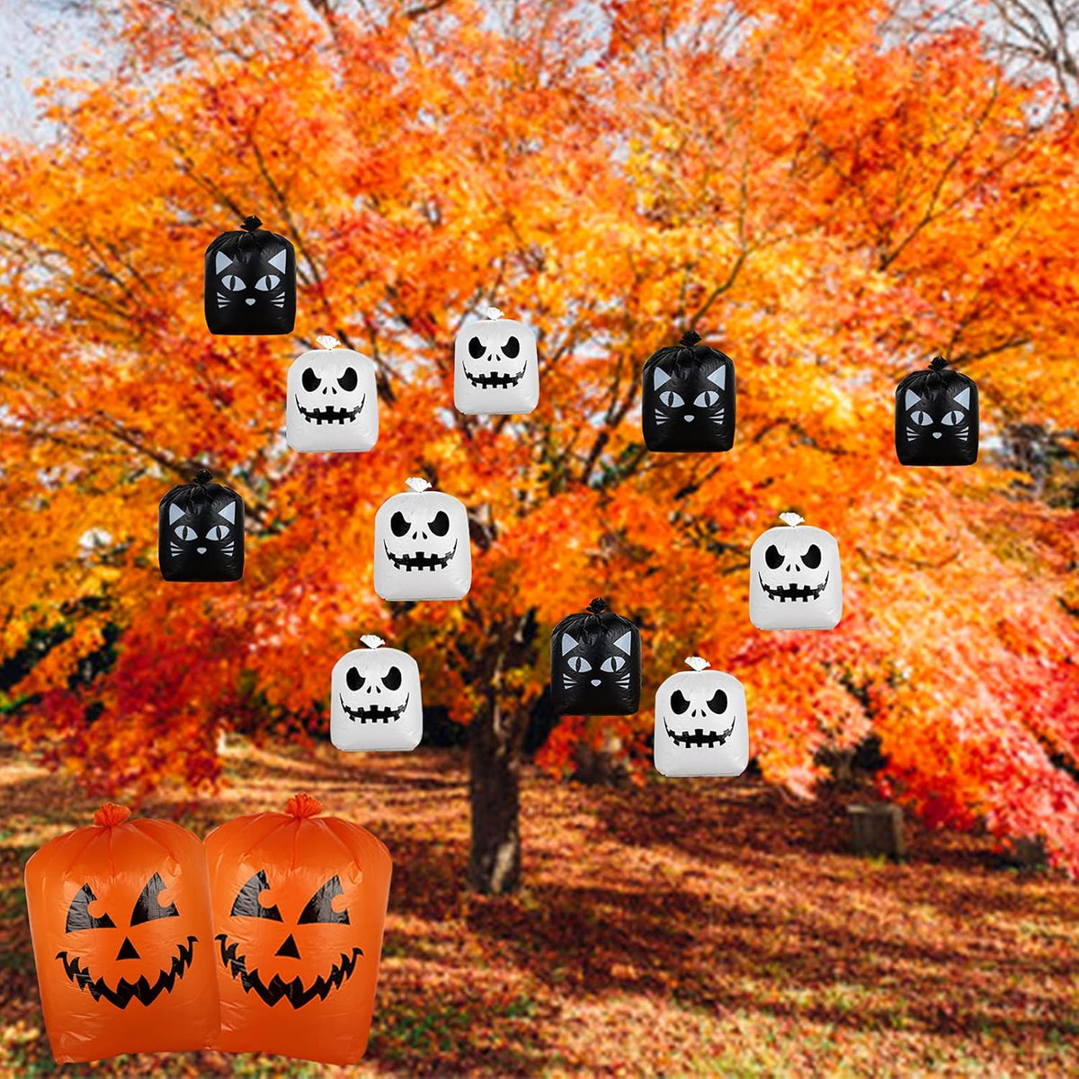 Giiffu 9-Pack Halloween Leaf Bags with Twist Ties – Heavy Duty Pumpkin Yard Waste Bags for Lawn