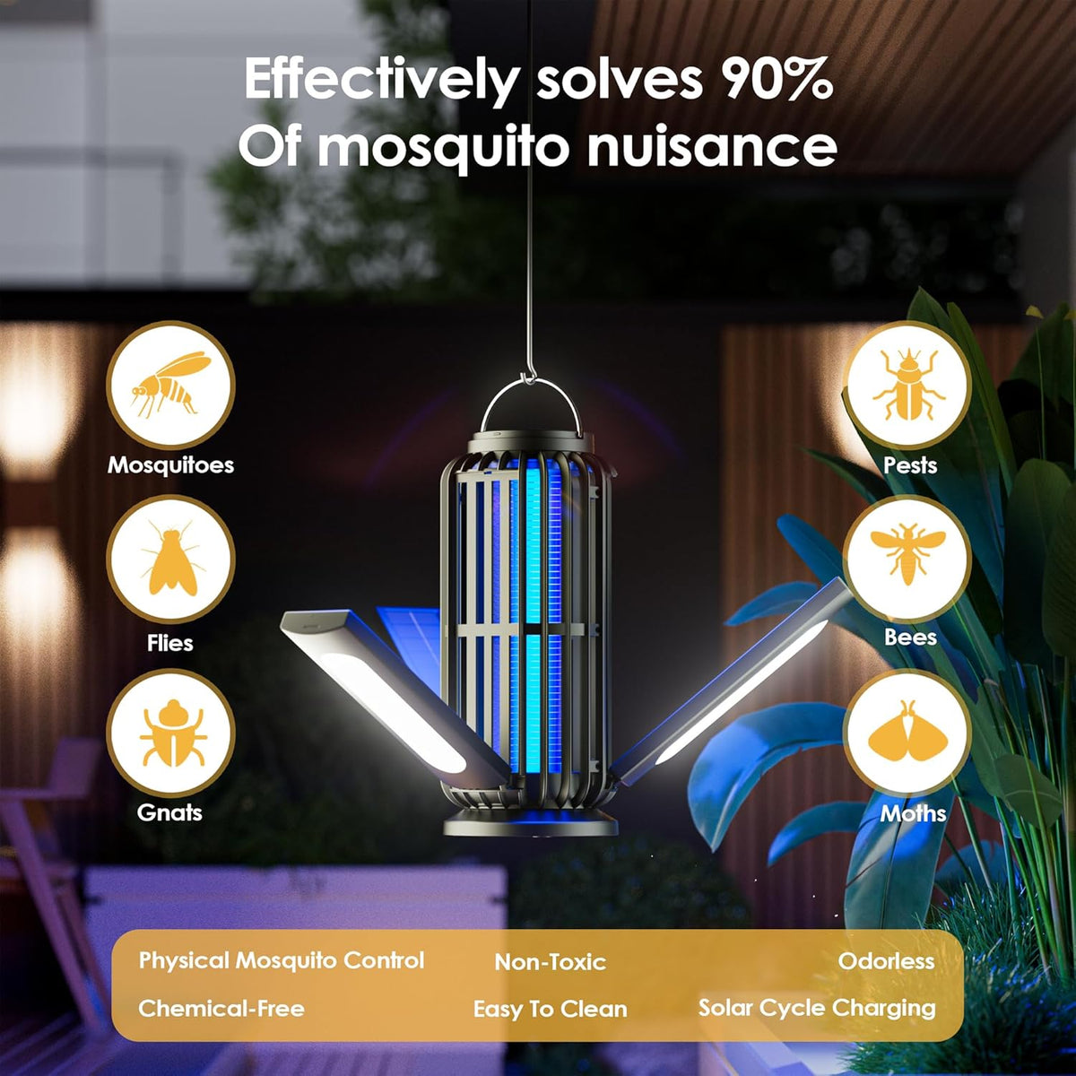 TYPEC Bug Zapper 2 Pack, Solar Bug Zapper with 3 Solar Charging Panels, IP65 Waterproof Mosquito