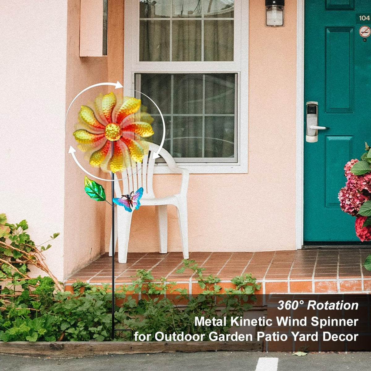 Metal Outdoor Flower Wind Spinner with Yellow Floral & Blue Butterfly, Decorative Kinetic Wind
