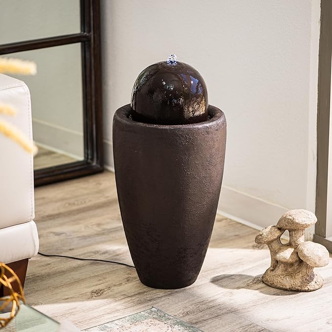 XBrand 25.98" H Round Stone Indoor/Outdoor Modern Stone Textured Sphere Water Fountain with LED