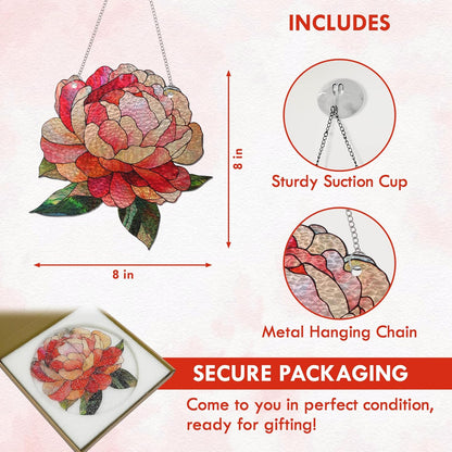 FLAGWIX Christmas Peony Flowers Gifts for Grandma - Stained Glass Window Hanging 10 in - Birthday