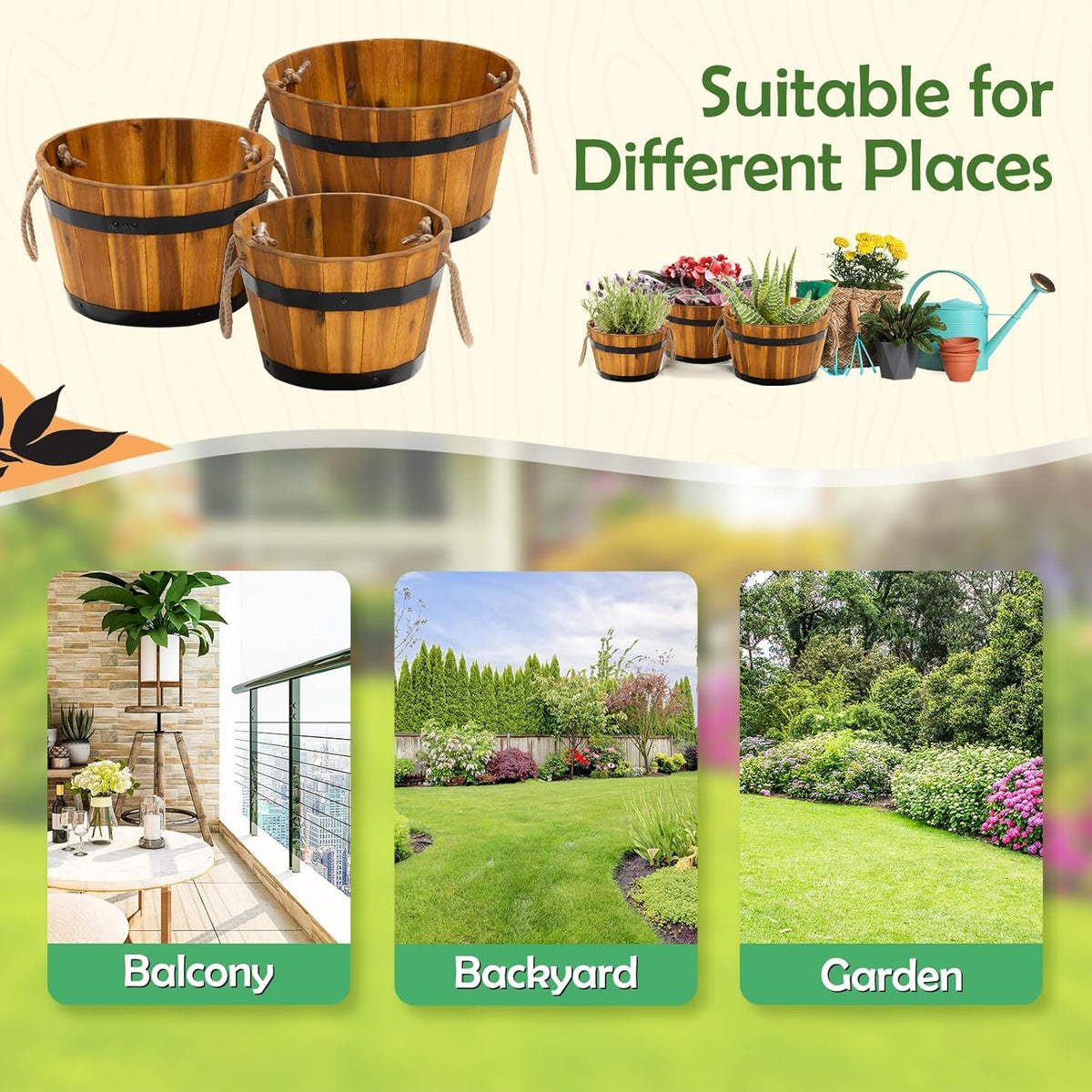 IDZO Set of 3 Wooden Flower Boxes Outdoor, Durable Acacia Wood Barrel Planters for Outdoor Plants