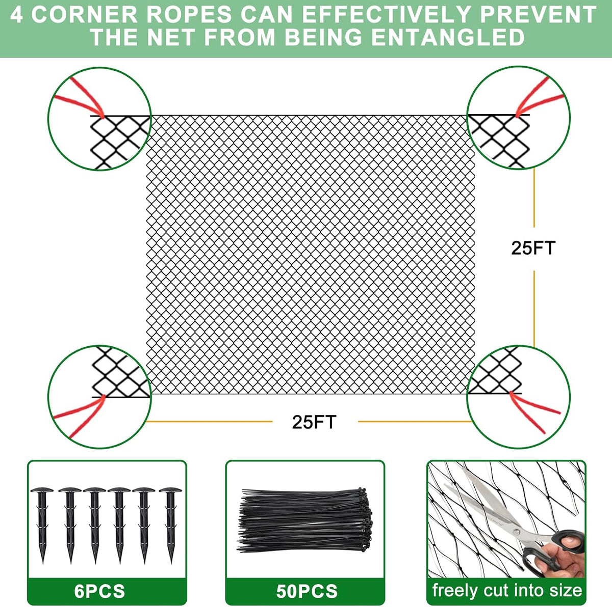 25'x25' Bird Netting for Chicken Coop, Nylon 3/4" Mesh Poultry Netting Chicken Net Roof Hawk