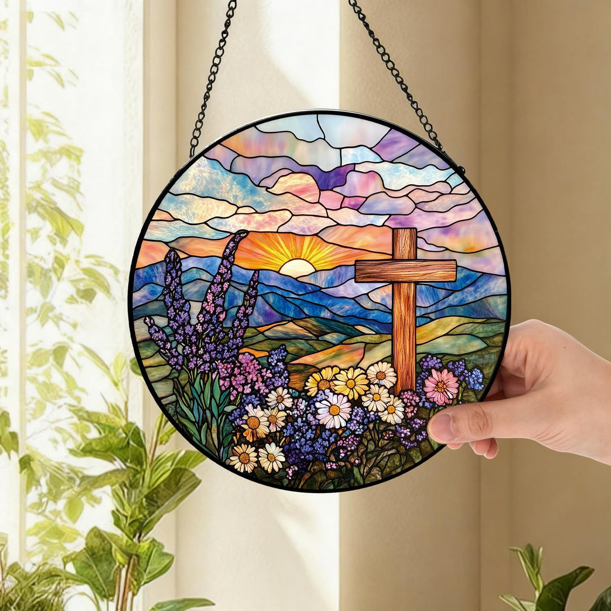 Wildflowers and Crosses Suncatcher -7.9 in Stained Glass Window Hanging Sun Catcher Garden Decor