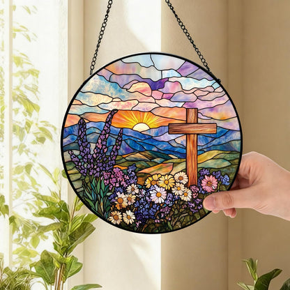 Wildflowers and Crosses Suncatcher -7.9 in Stained Glass Window Hanging Sun Catcher Garden Decor
