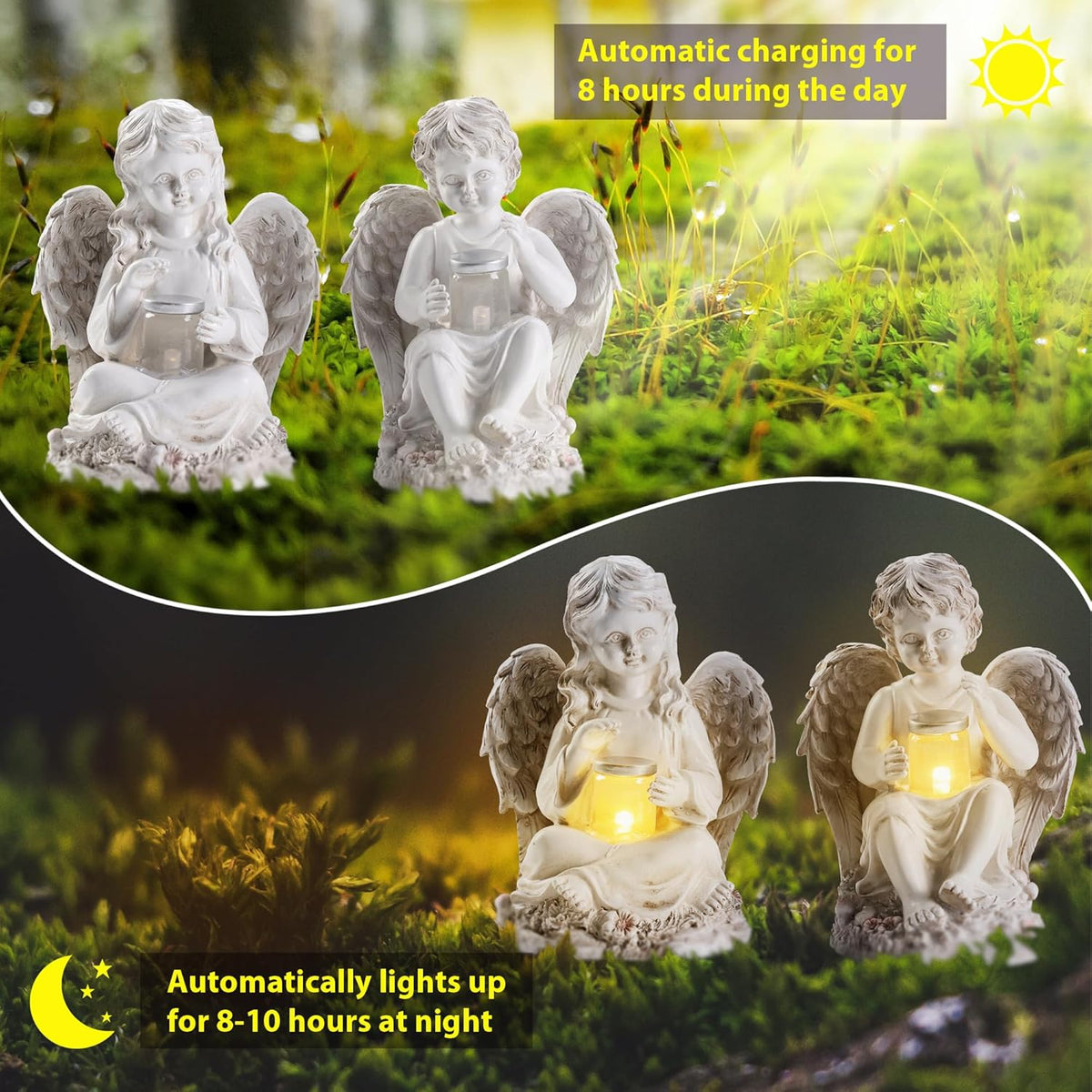 2 Pack Outdoor Angel Statue Garden Decor, Classic Solar Angel Figurine Decoration for Yard Art