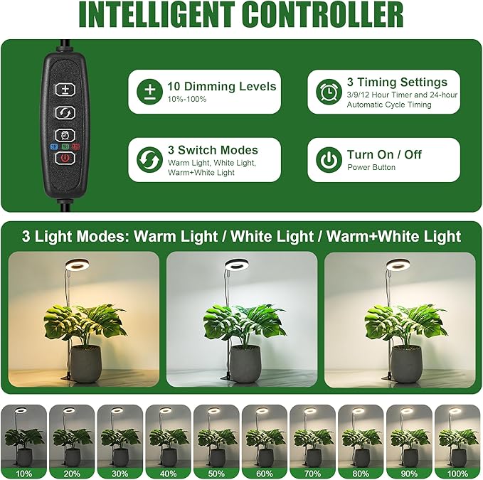 48 LEDs Full Spectrum Grow Lights for Indoor Plants, Height Adjustable, Small Black Halo Plant