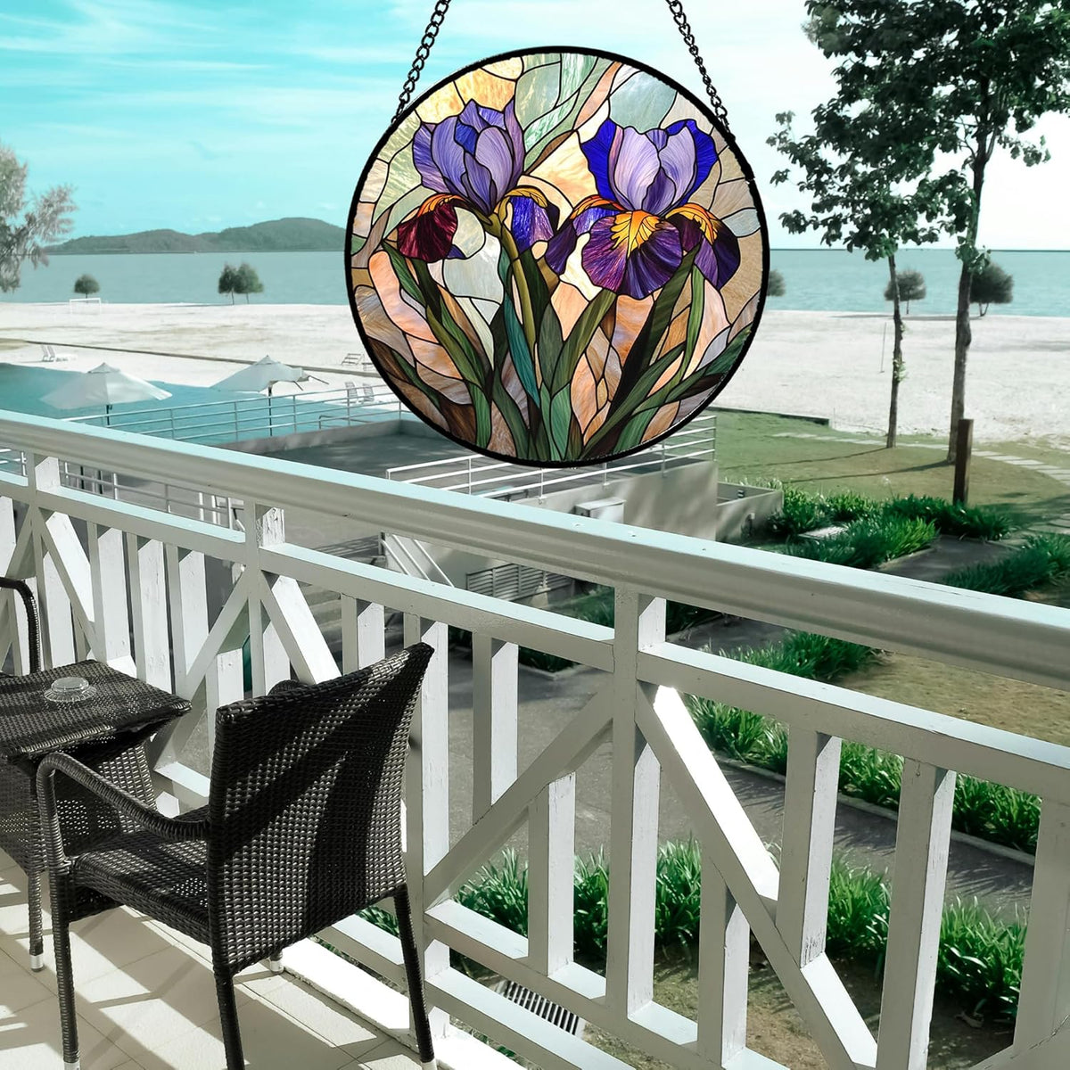 Stained Glass Window Hanging, Purple Blue Iris Birth Flower Suncatcher for Doors Garden Yard Sun