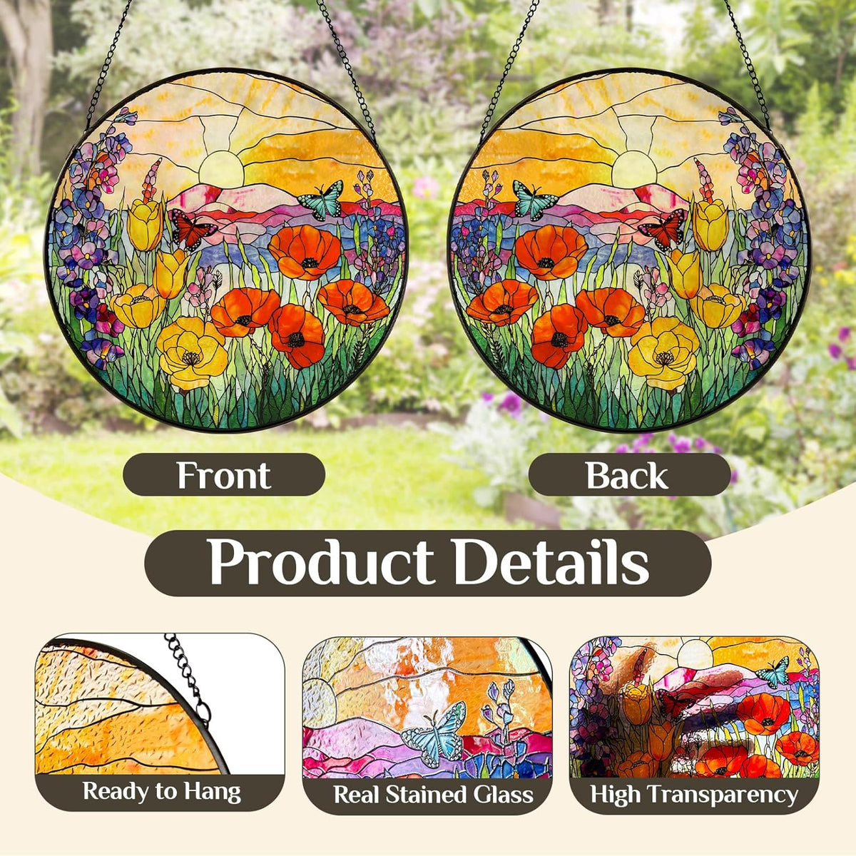 Stained Glass Window Hanging Sunrise Suncatcher, Renyalora 10 Inch Round Wildflower Glass Sun