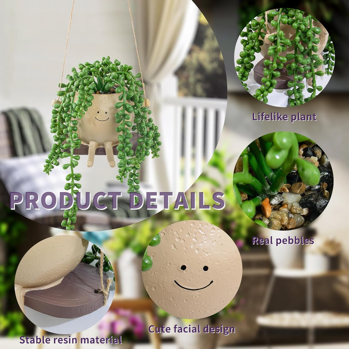 Artificial Succulents Hanging Plants Fake String of Pearls Trailing Plant in Cute Smiley Face Pot