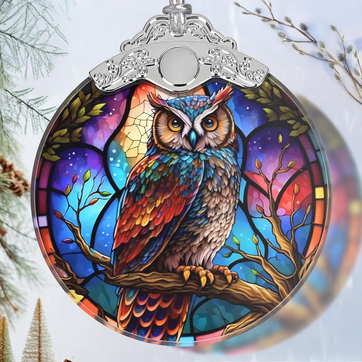 Stained Glass Suncatcher Ornament - Owl Christmas Decorations - Christmas Ornaments for Tree
