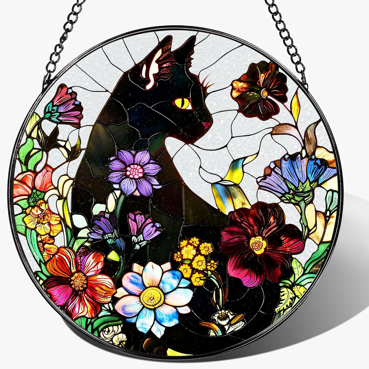 Stained Glass Window Hanging, 8 Inch Black Cat Sun Catcher, Stained Glass Suncatcher, Suncatchers