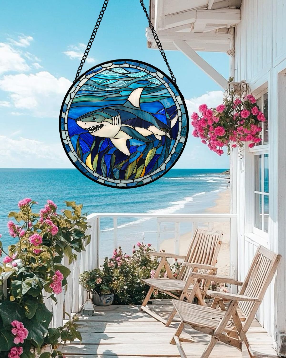 Stained Glass Suncatcher, Blue Ocean Big Shark Sun Catcher Waterweed Stain Glass Window Hanging