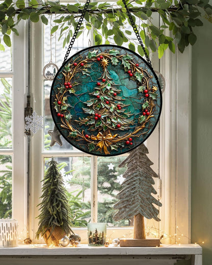 Stained Glass Window Hangings - Red Gold Green Wreath Suncatcher for Door Home Christmas Tree