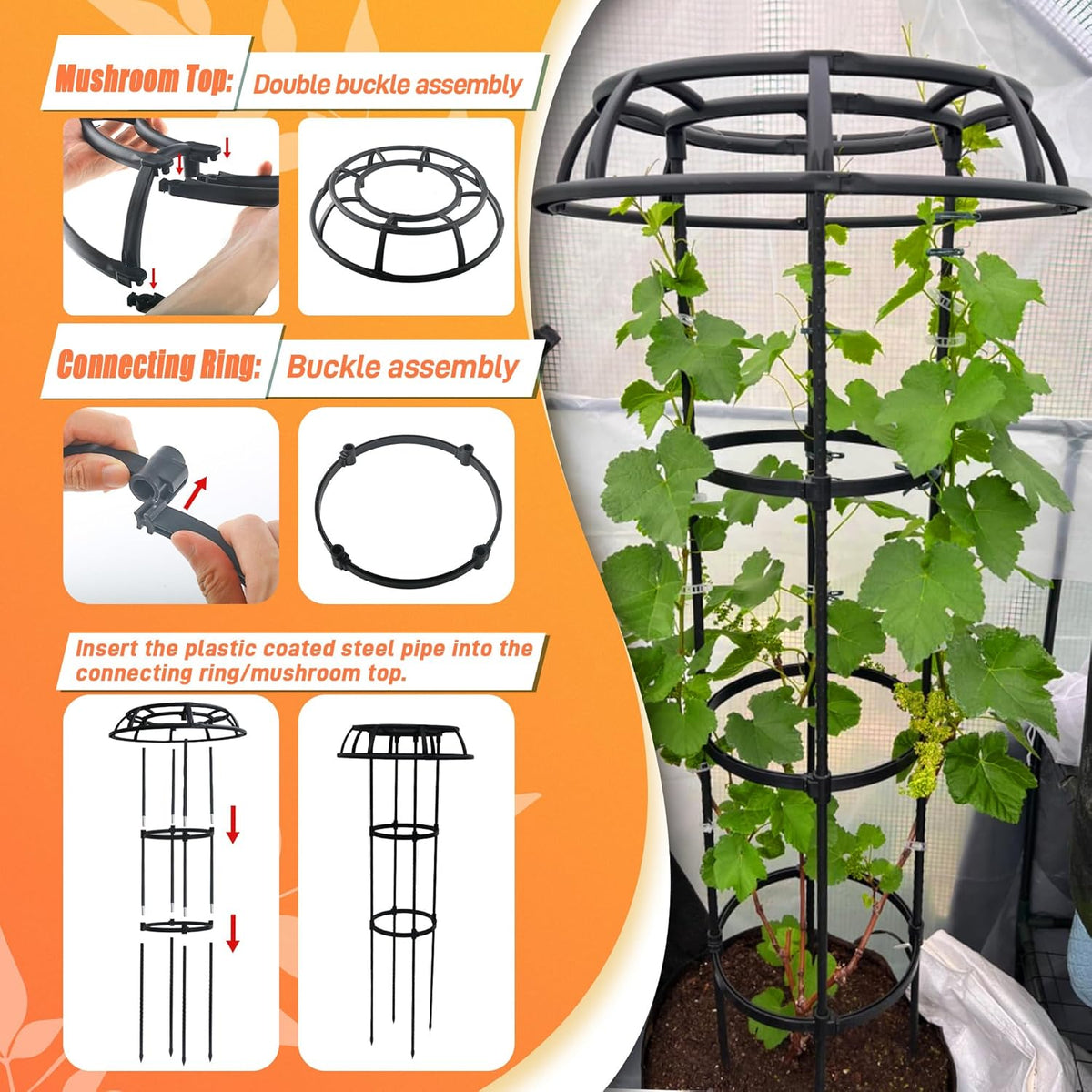 65 Inch Garden Trellis for Climbing Plants Outdoor, Mushroom Top Trellis for Potted Plants, Vines