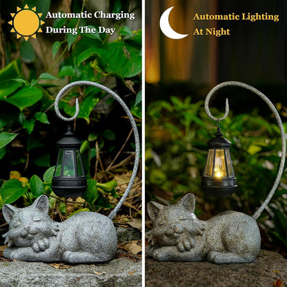 Outdoor Cat Figurine Garden Statue with Solar-Powered LED Light 13.77 Inches Tall Gift Garden
