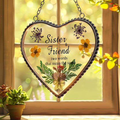 KY&BOSAM Stained Glass Sister Heart Suncatcher Window Hanging Decor with Pressed Real Flower for