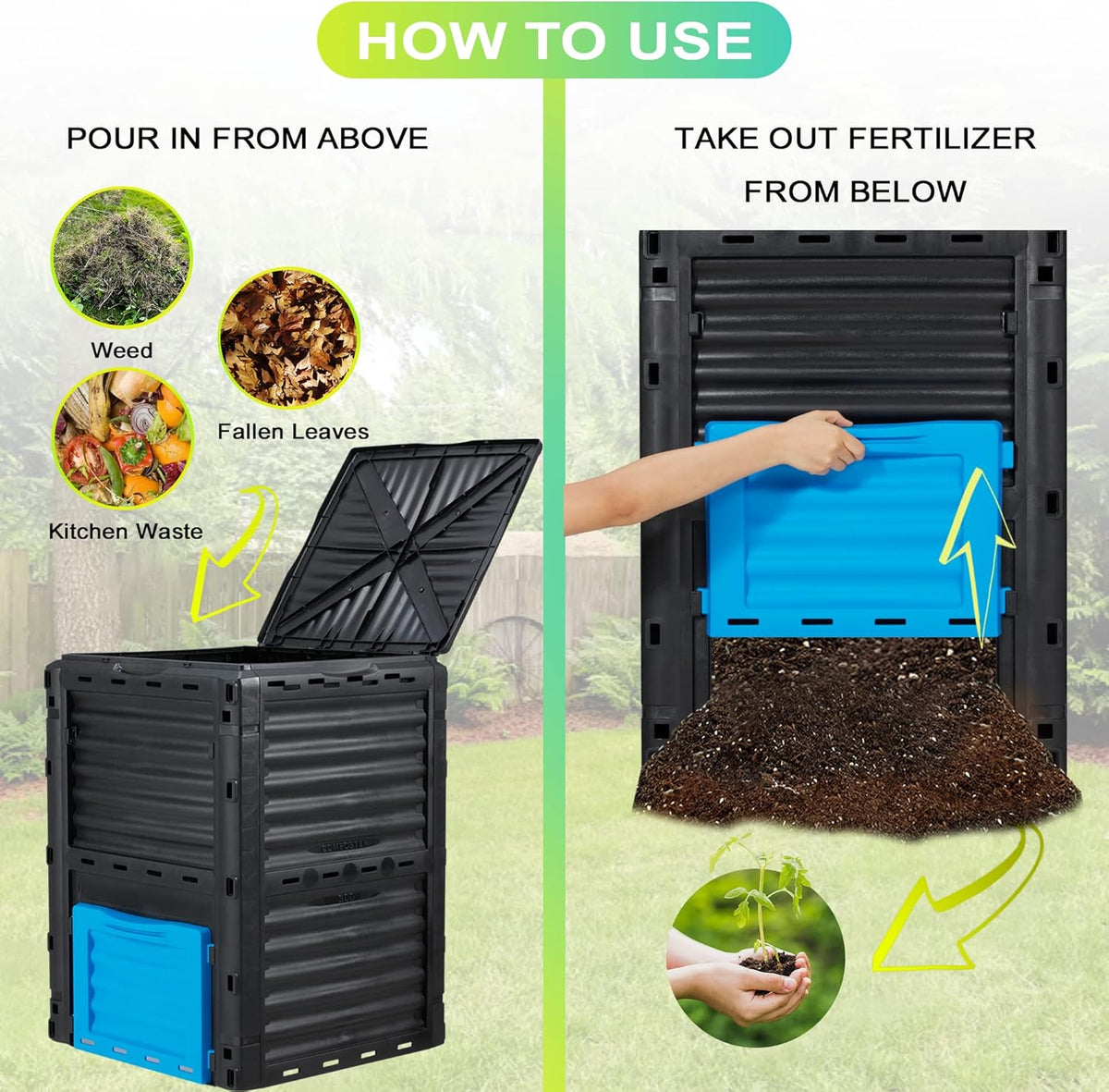 Garden Compost Bin 80 Gallon (300L) Large, Outdoor Composter from PP Material,Composting Box Easy