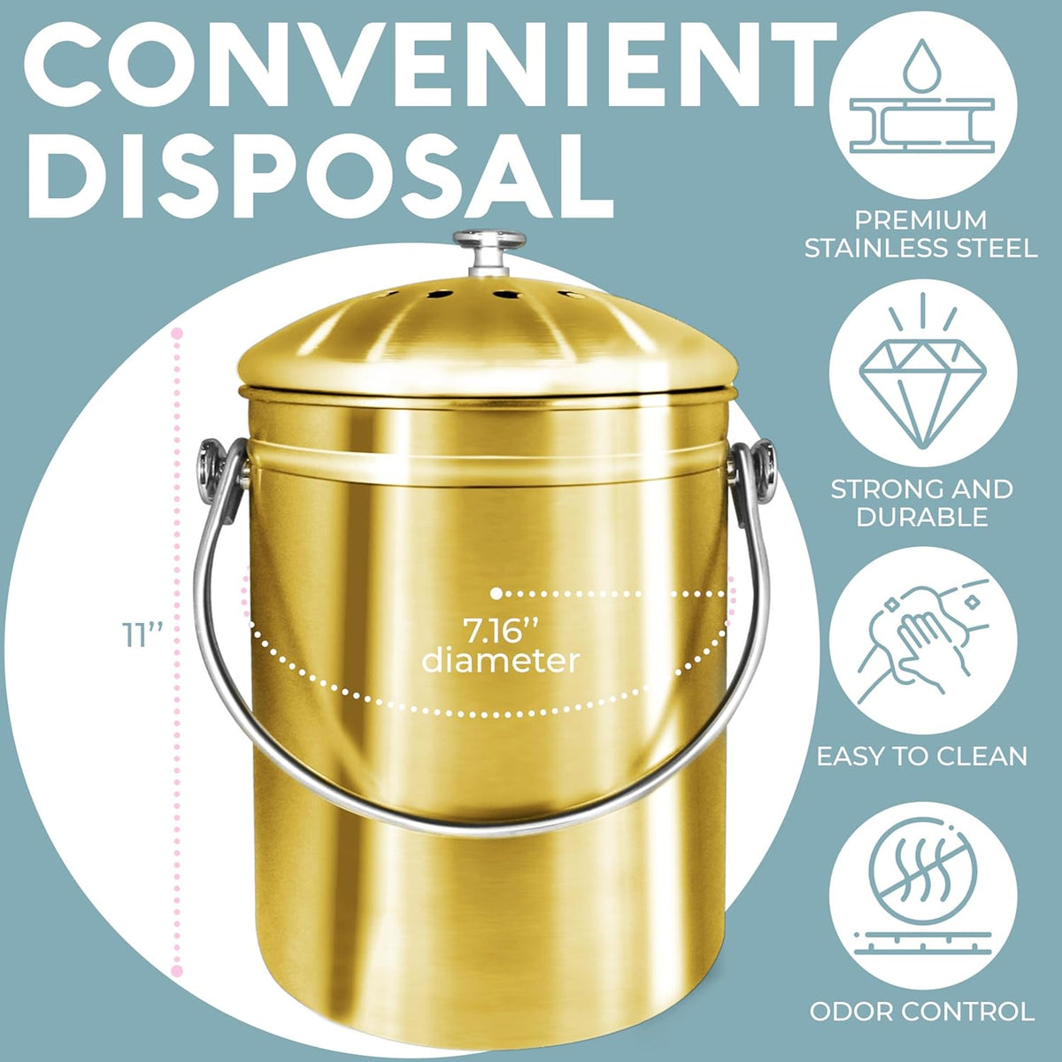 EPICA Countertop Compost Bin Kitchen | 1.3 Gallon | Odorless Composting Bin with Carbon Filters |