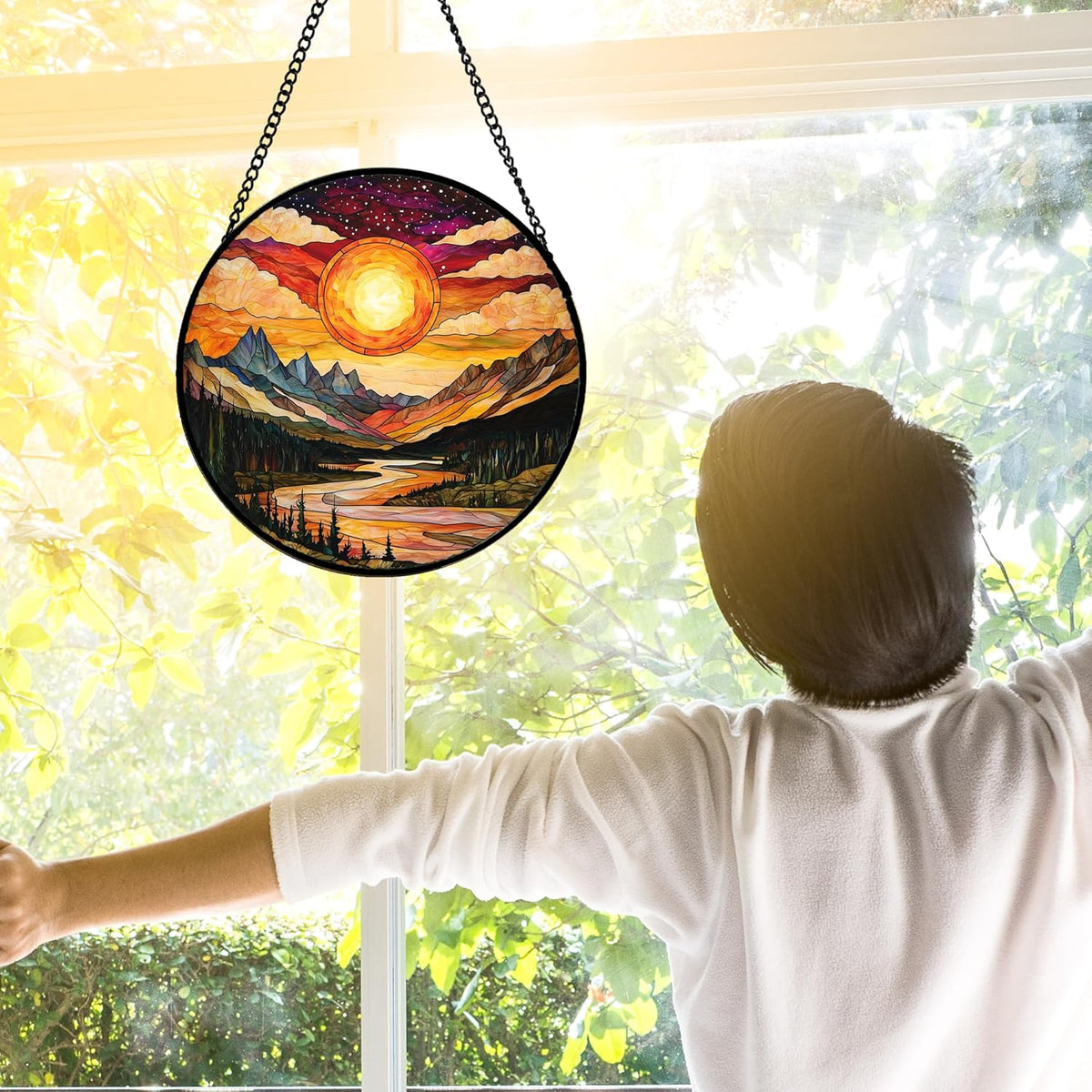 Stained Glass Window Hanging, Dusk Sunset Landscape Sun Catchers Glass Panel Lakes and Mountains