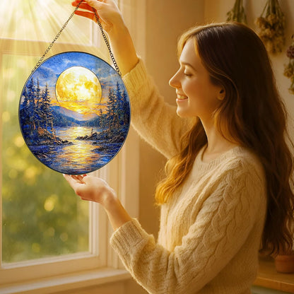 8'' Full Moon Over Forest Lake Suncatcher Ornament, Stained Glass Window Hanging, Sun Catchers for